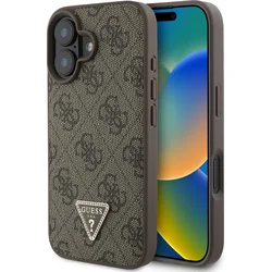 Guess PU 4G štrasový trojuholník s kovovým logom Zadný kryt pre iPhone 16 Brown