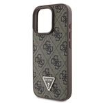 Guess PU 4G štrasový trojuholník s kovovým logom Zadný kryt pre iPhone 16 Pro Brown