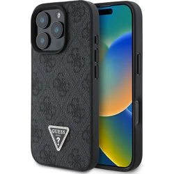 Guess PU 4G štrasový trojuholník s kovovým logom Zadný kryt pre iPhone 16 Pro Max Black
