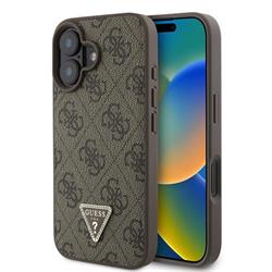 Guess PU 4G Strass Triangle Metal Logo Zadní Kryt pro iPhone 16 Brown