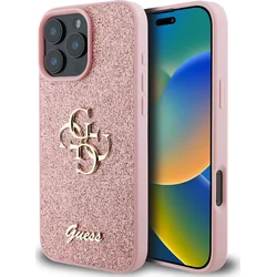 Guess PU Fixed Glitter 4G Metal Logo Zadní Kryt pro iPhone 16 Pro Pink