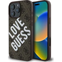 Guess PU kožený zadný kryt 4G Big Love Logo MagSafe pre iPhone 16 Pro Brown