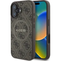 Guess PU kožený zadný kryt 4G Colored Ring MagSafe pre iPhone 16 Plus Brown