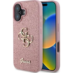 Guess PU Pevný zadný kryt 4G s kovovým logom a trblietkami pre iPhone 16 Pink