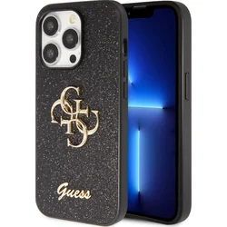 Guess PU Pevný zadný kryt s kovovým logom 4G Glitter pre iPhone 15 Pro Max Black