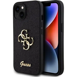 Guess PU pevný zadný kryt s kovovým logom 4G s trblietkami pre iPhone 15 Black