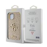 Guess PU pevný zadný kryt s kovovým logom 4G s trblietkami pre iPhone 15 Gold