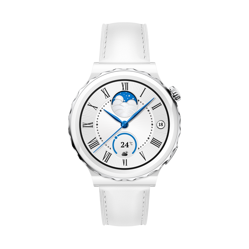 Huawei Watch GT3 Pro 43 mm, strieborný rámček, biele keramické puzdro, biely kožený remienok