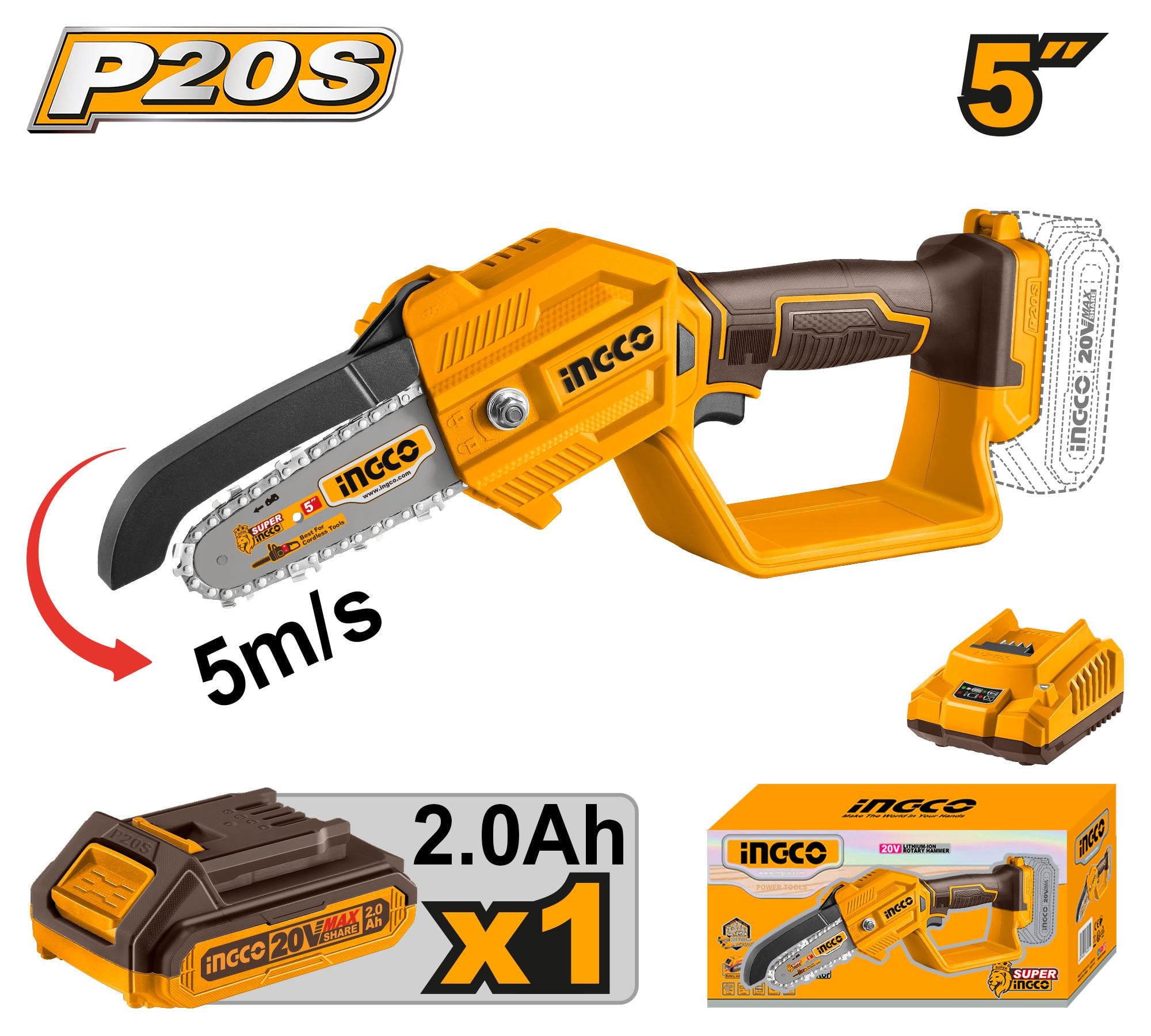 Ingco CGSLI20581 AKU řetězová mini pila vč. baterie a nabíječky