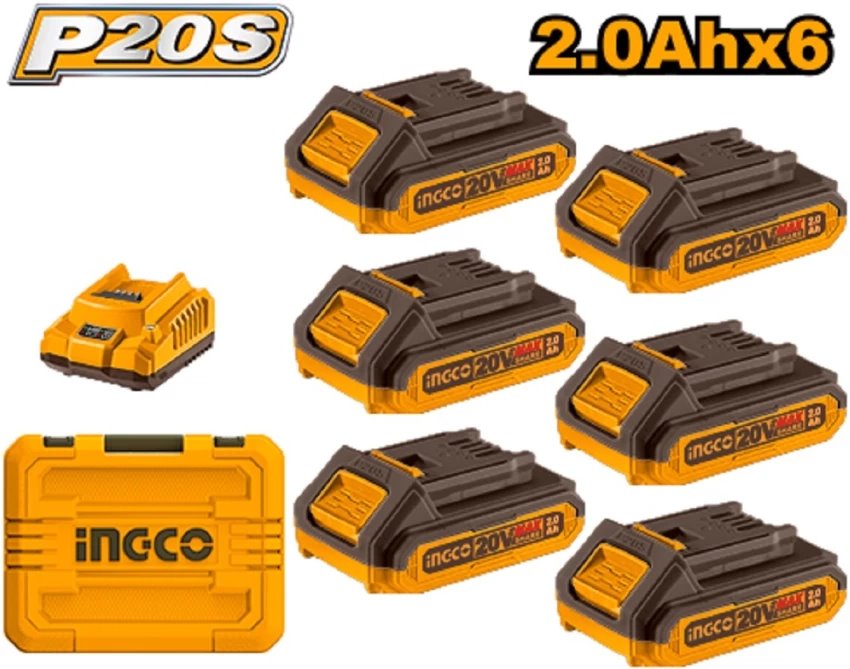 Ingco FBCLI2062 Sada nabíjačka + 6ks batérií 2,0A pre Li-ion batérie 20V