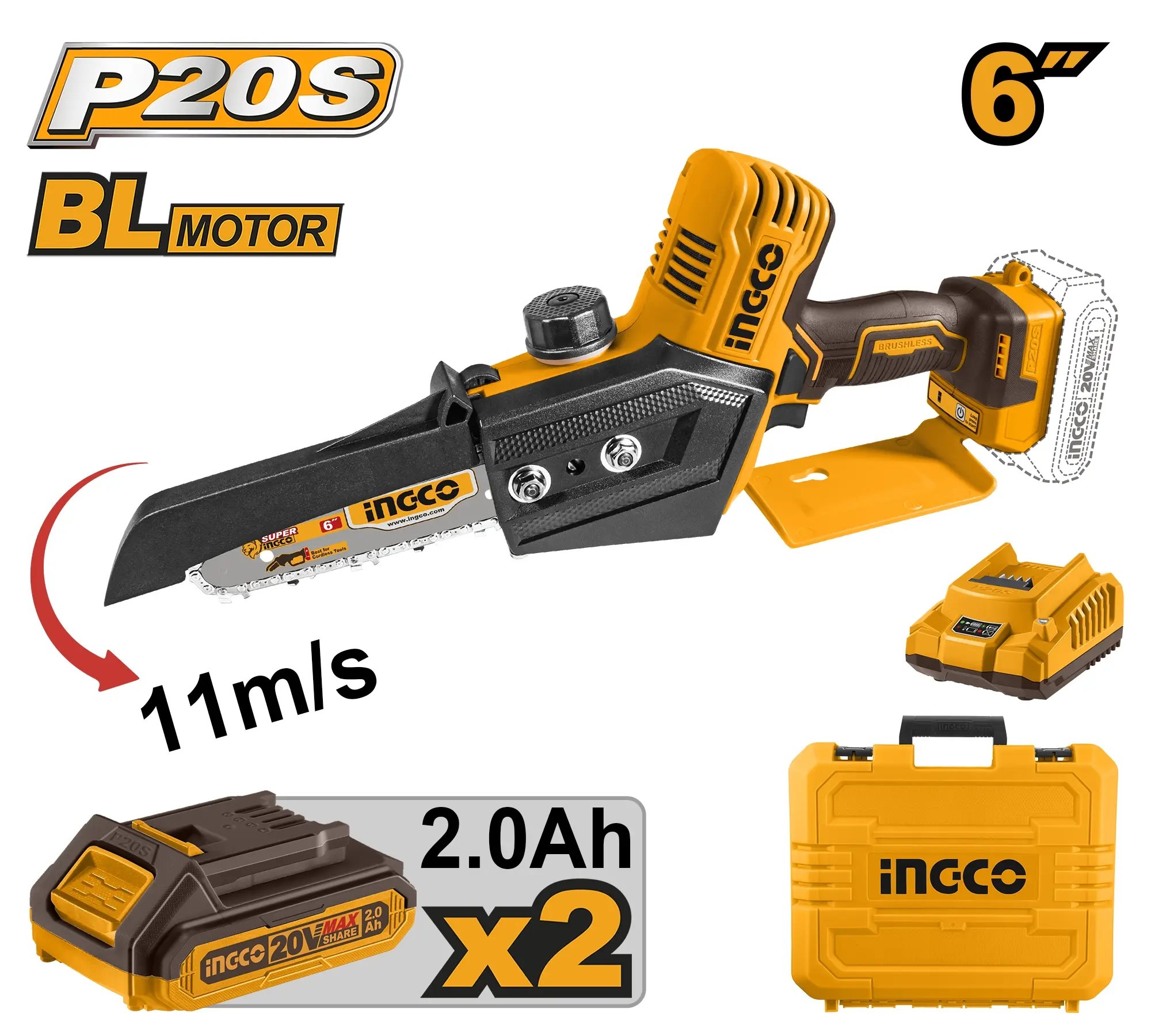 INGCO Pila řetězová mini AKU 6" vč. baterie 2ks a nabíječky