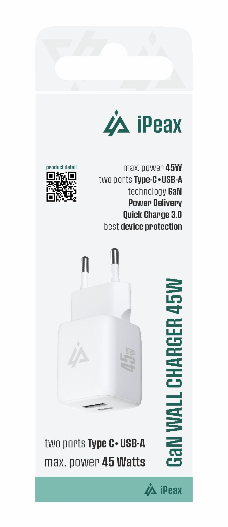 iPEAX GaN síťová nabíječka 45 W (USB-C + USB-A), bílá