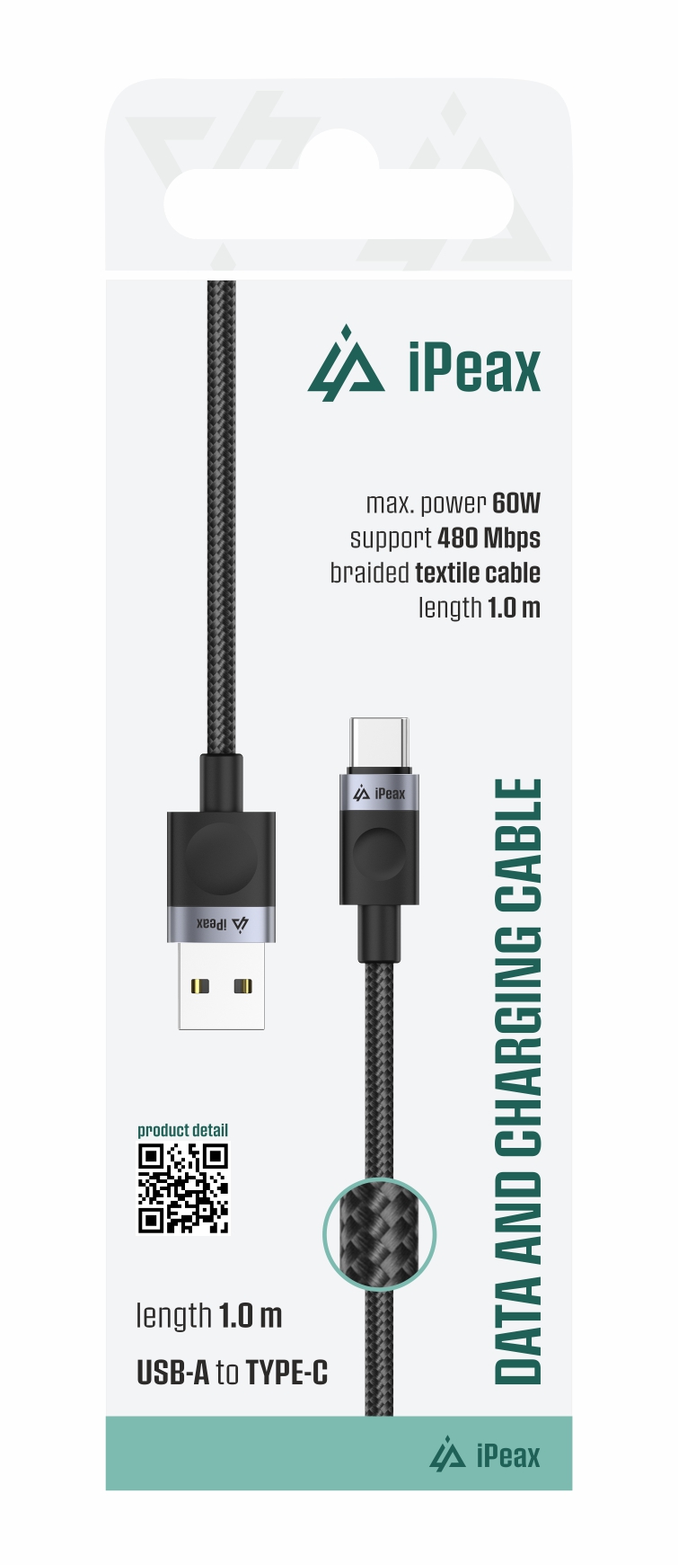 iPEAX textilní kabel USB-A / USB-C 1 m, USB 2.0, černý