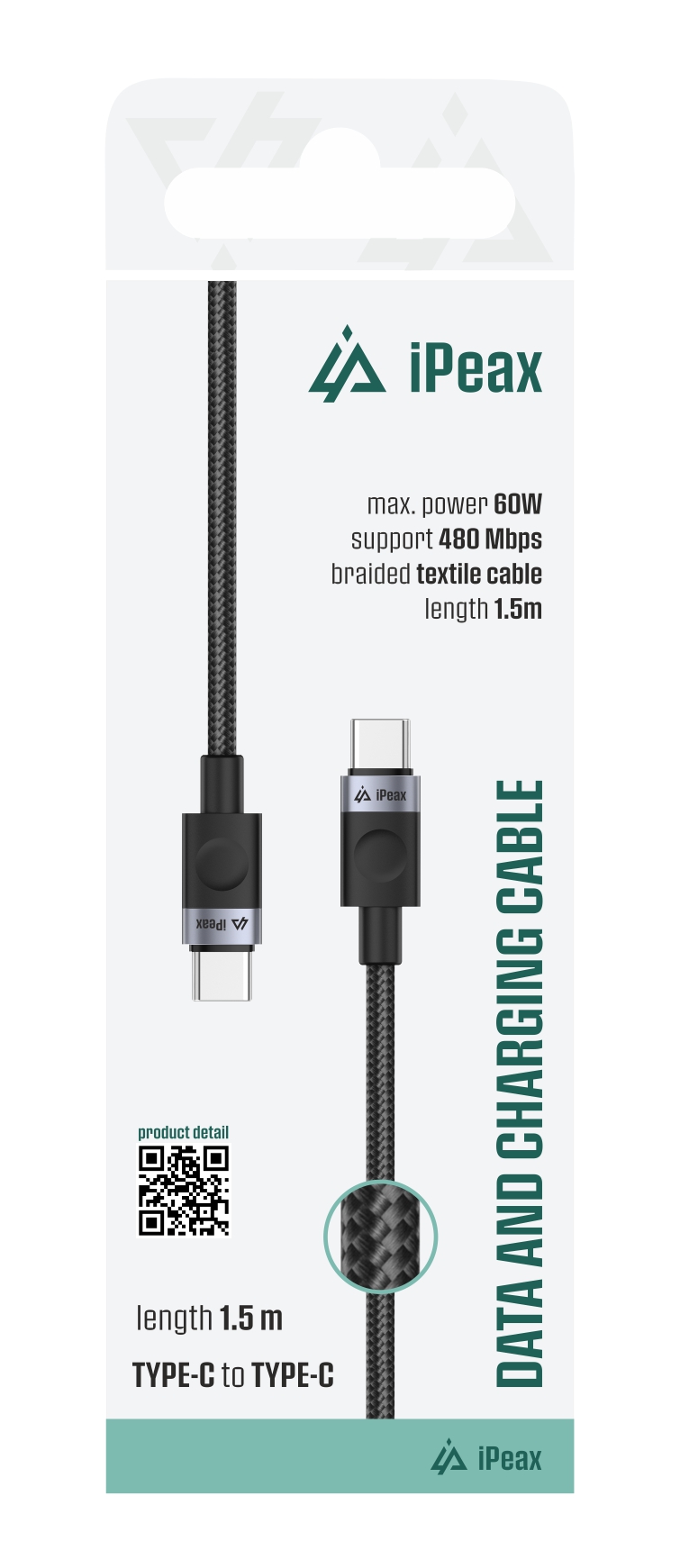 iPEAX textilný kábel USB-C / USB-C 1,5 m, USB 2.0, čierny