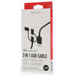 Kábel Hama USB 3v1: micro USB, USB-C, Lightning, 1,5 m