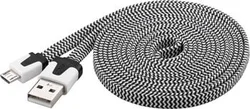 Kábel microUSB 2 m, plochý textilný kábel, čiernobiely