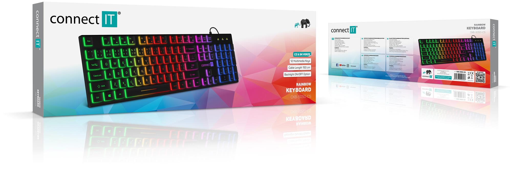 Kancelárska podsvietená klávesnica Connect IT Chocolate RNBW, CZ SK, čierna