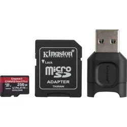 KINGSTON microSDXC 256GB Canvas React Plus SDXC UHS-II V90 (čtení/zápis: 285/165MB/s) + SD adaptér + čtečka karet