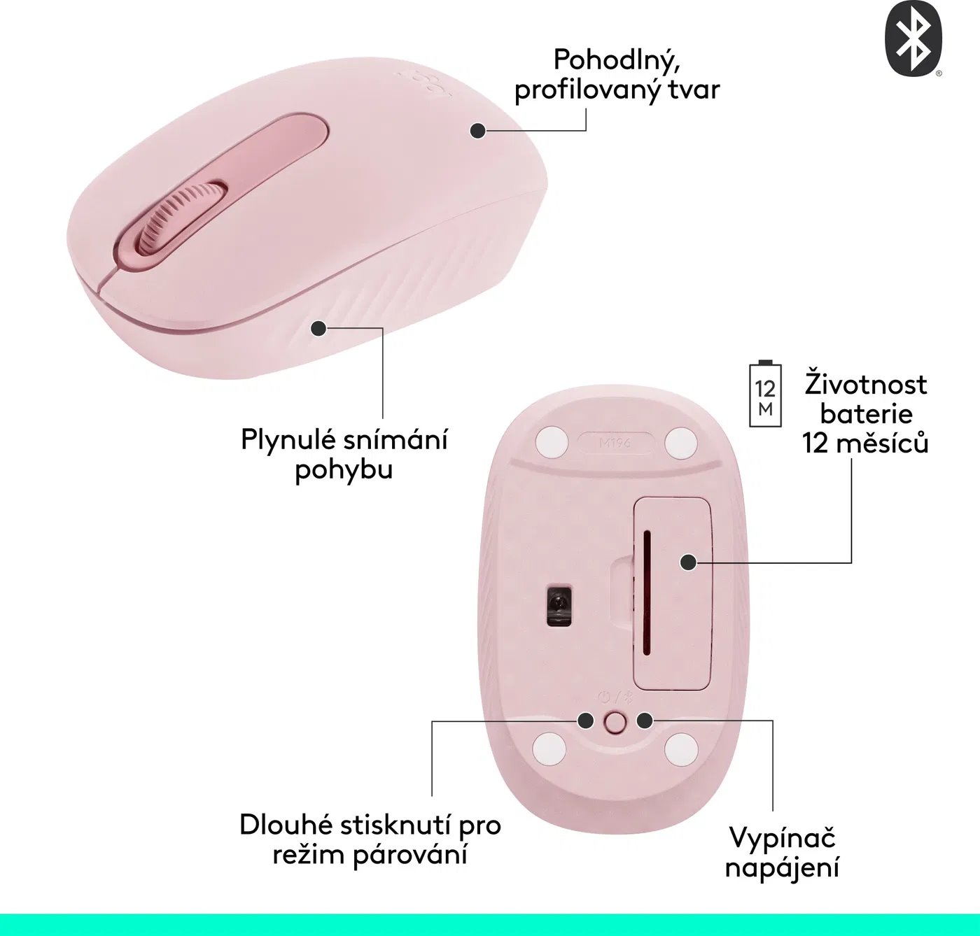 Logitech M196 - myš Bluetooth, ružová