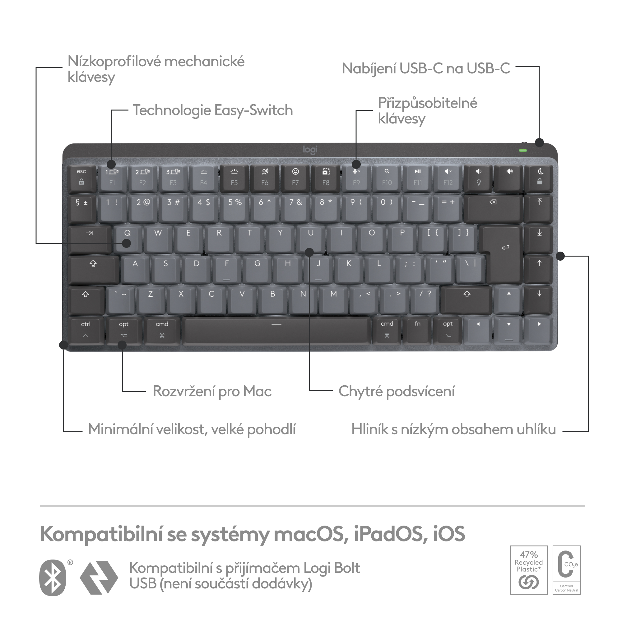 Logitech MX Mechanical Mini for Mac Minimalist, Space Grey, CZ
