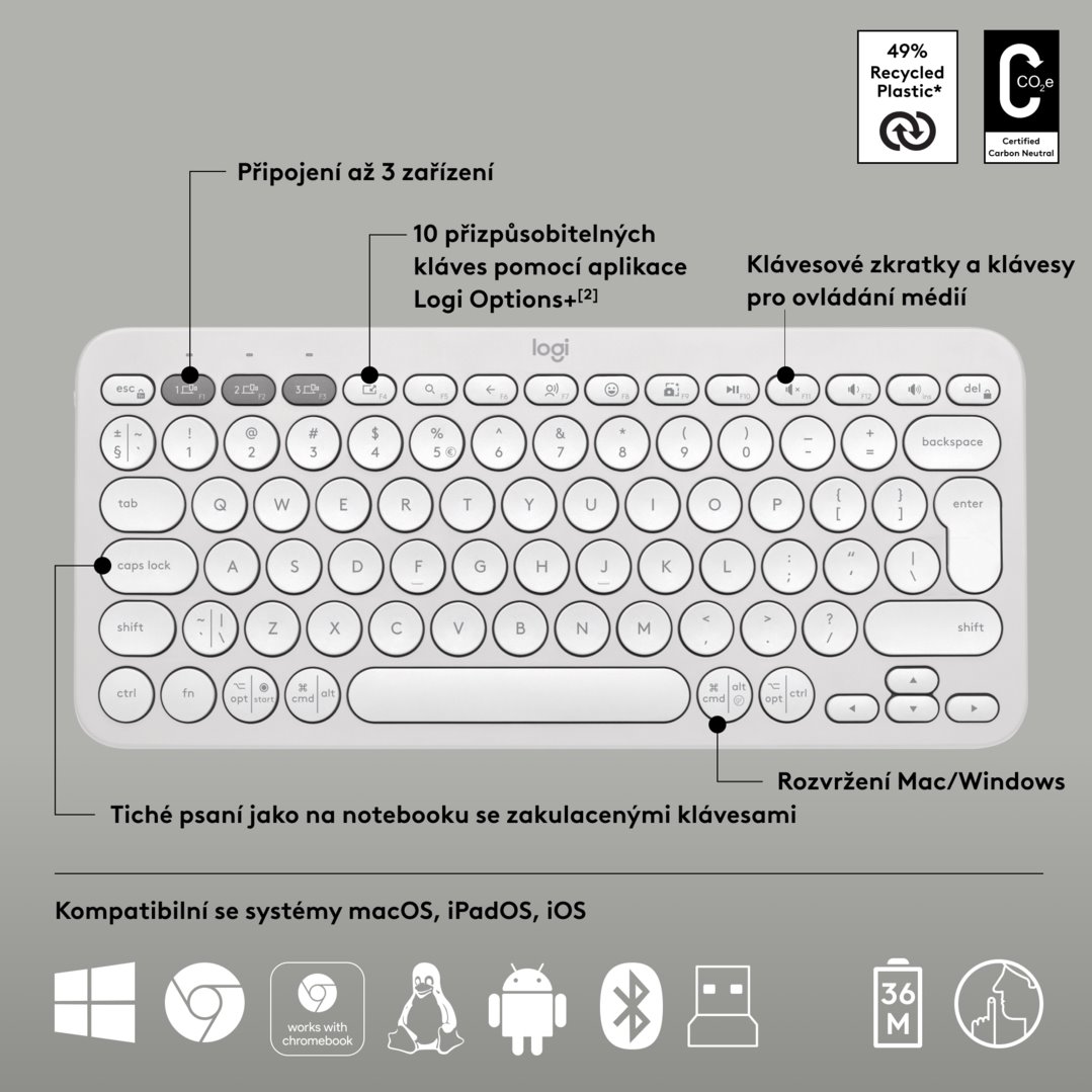 Logitech Pebble 2 Combo, bezdrátová klávesnice a myš, bílá