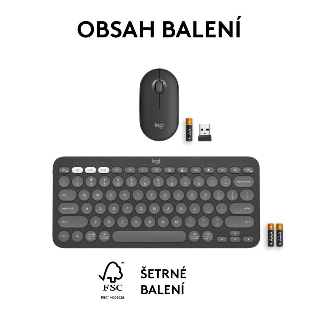 Logitech Pebble 2 Combo, bezdrátová klávesnice a myš, grafitová