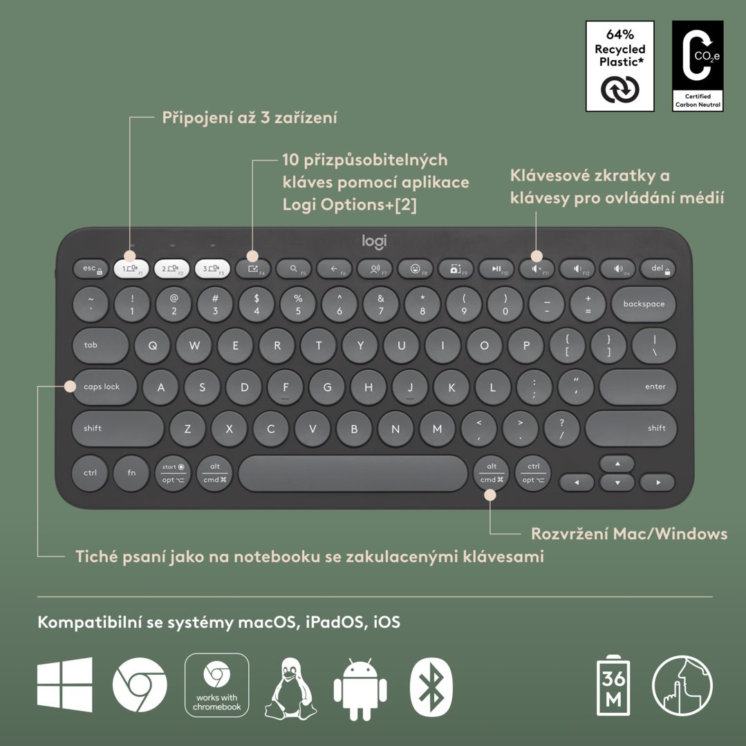 Logitech Pebble Keys 2 K380s, US, bezdrôtová klávesnica, grafitová