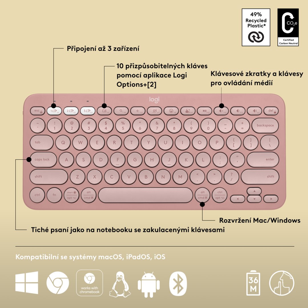 Logitech Pebble Keys 2 K380s, US, bezdrôtová klávesnica, ružová
