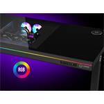 LORGAR stůl s volitelnou výškou, vestavěnou skříní pro PC, bezdrátovou nabíječkou, RGB a USB porty, tvrzené sklo