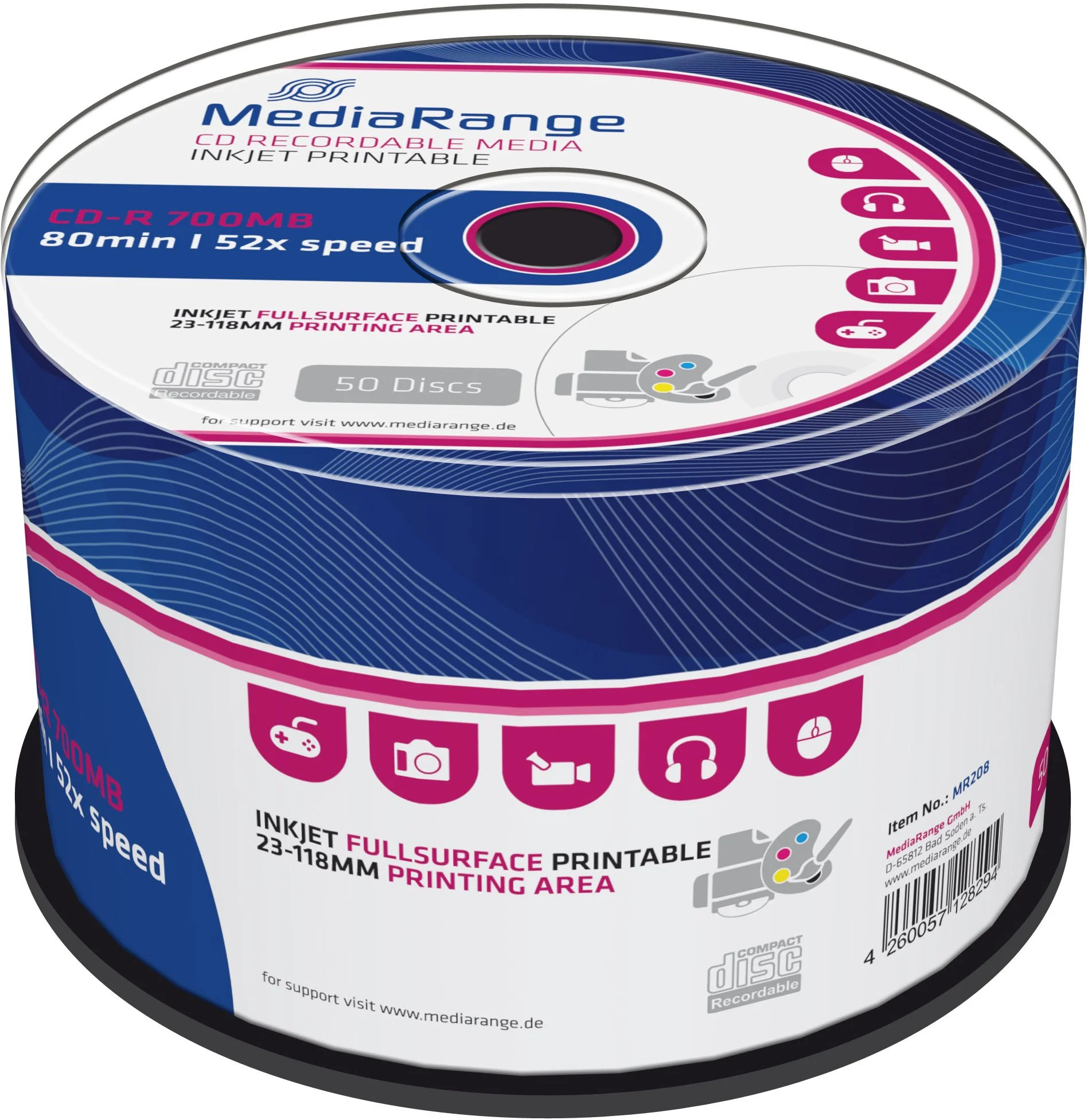 MediaRange CD-R 700MB 52x, SPINDL (50pack), printable