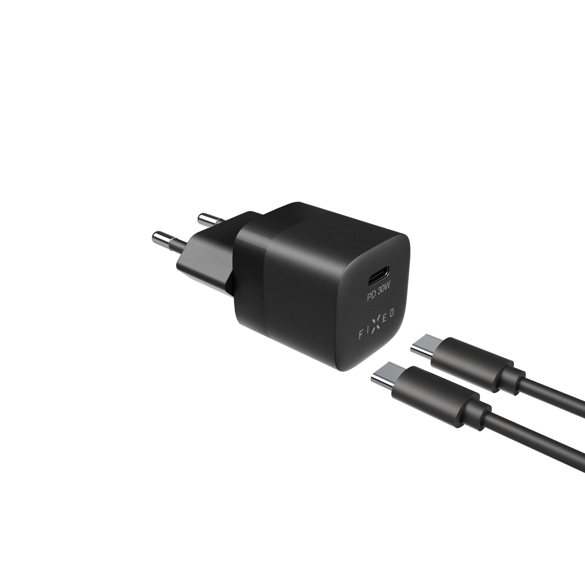 Mini sieťová nabíjačka FIXED s výstupom USB-C a káblom USB-C/USB-C, podpora PD, 1 meter, 30 W, čierna