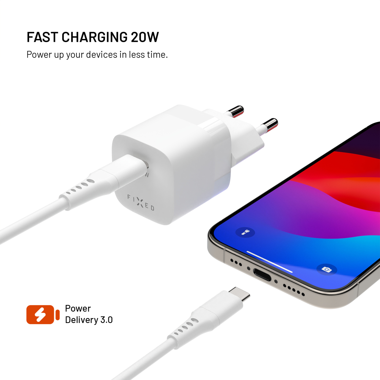 Mini sieťová nabíjačka FIXED s výstupom USB-C a podporou PD, 20 W, biela