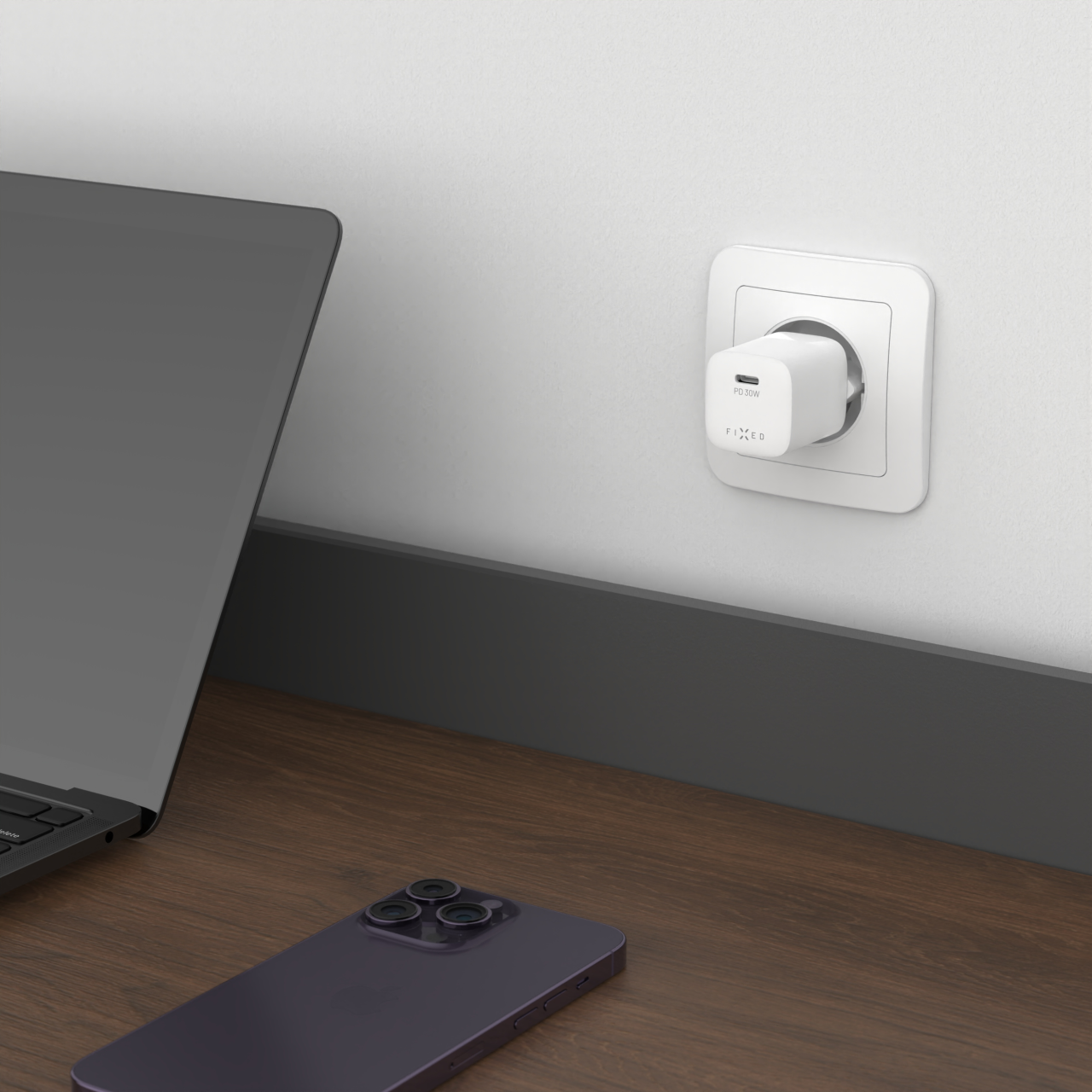 Mini sieťová nabíjačka FIXED s výstupom USB-C a podporou PD, 20 W, biela
