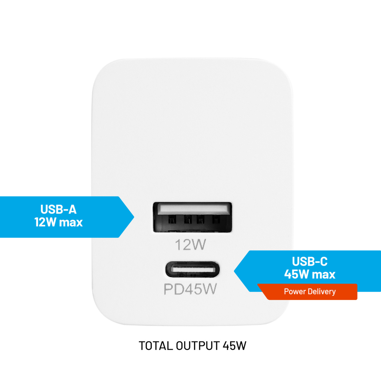 Mini sieťová nabíjačka FIXED s výstupom USB-C a USB, podpora PD, 45 W, biela