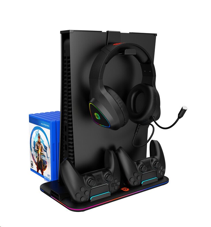Multifunkčný chladiaci stojan CANYON pre PS5, nabíjanie 2 ovládačov PS5, podsvietenie RGB, čierny