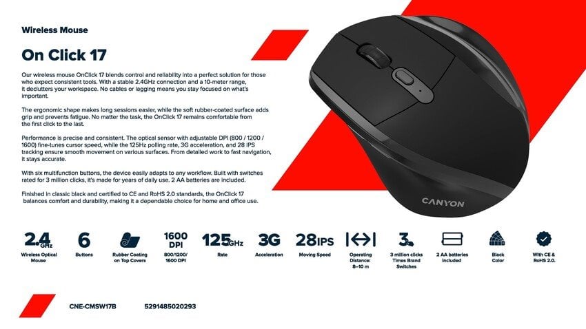 Myš CANYON OnClick 17 Ergonomická 6 tlačidiel 1600 DPI bezdrôtová čierna