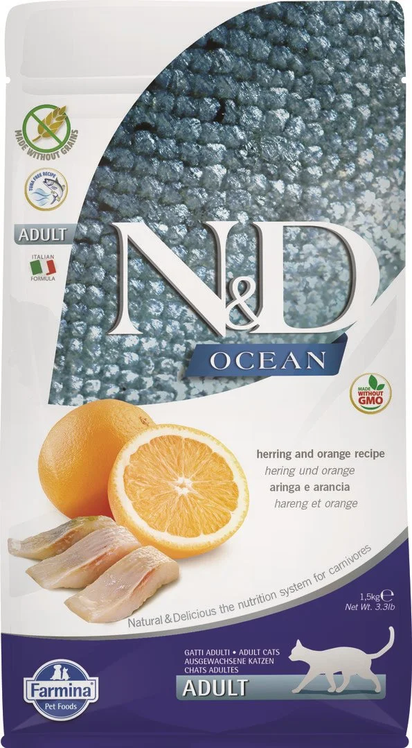 N&D OCEAN CAT Adult Herring & Orange 1,5kg granule pre mačky