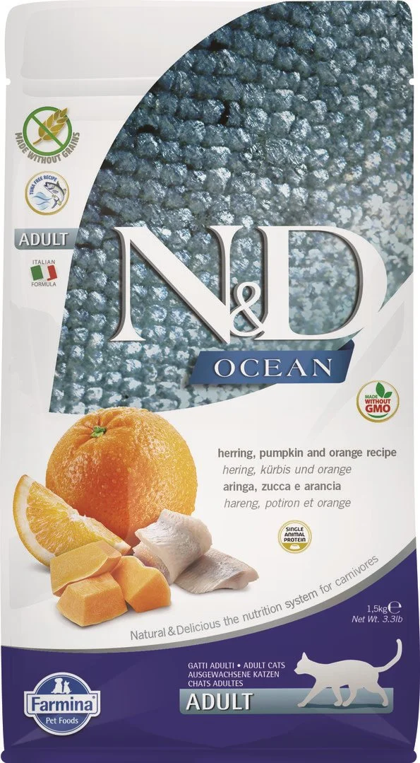 N&D OCEAN CAT Adult Herring, Pumpkin & Orange 1,5kg granule pro kočky