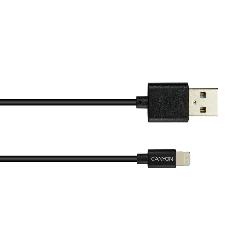 Nabíjací kábel CANYON Lightning MFI-1, kompaktný, certifikovaný spoločnosťou Apple, dĺžka 1 m, čierny