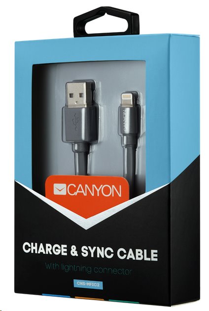 Nabíjací kábel CANYON Lightning MFI-2, plochý, certifikovaný spoločnosťou Apple, dĺžka 1 m, tmavosivý