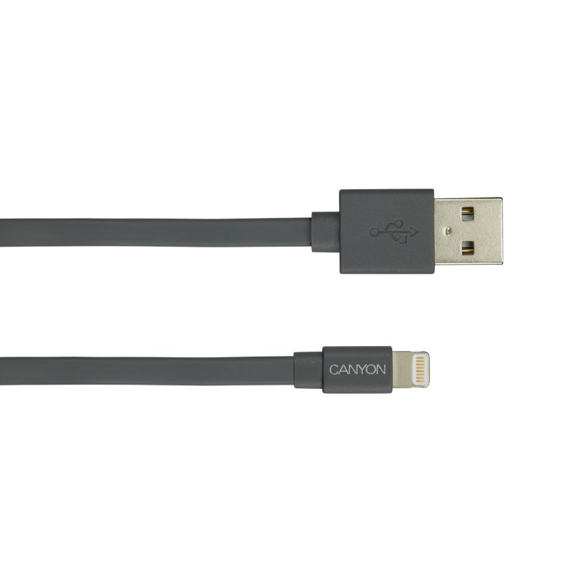 Nabíjací kábel CANYON Lightning MFI-2, plochý, certifikovaný spoločnosťou Apple, dĺžka 1 m, tmavosivý