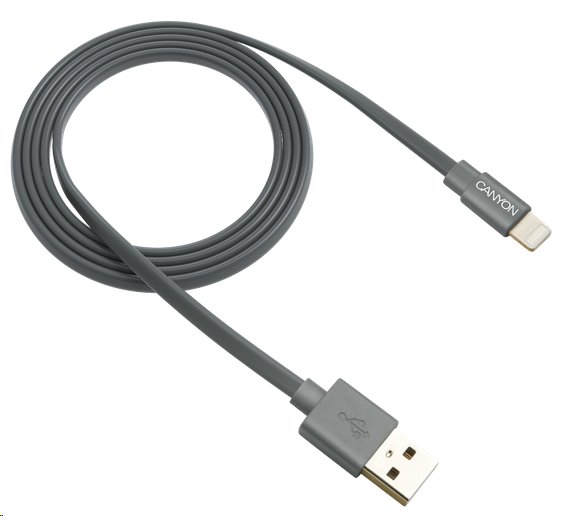 Nabíjací kábel CANYON Lightning MFI-2, plochý, certifikovaný spoločnosťou Apple, dĺžka 1 m, tmavosivý