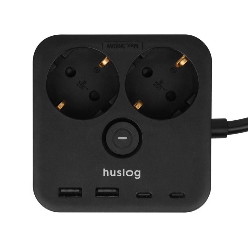 Nabíjacia stanica Huslog 15W 2xzásuvka, 2xUSB-C, 2xUSB, 1x držiak na telefón čierna
