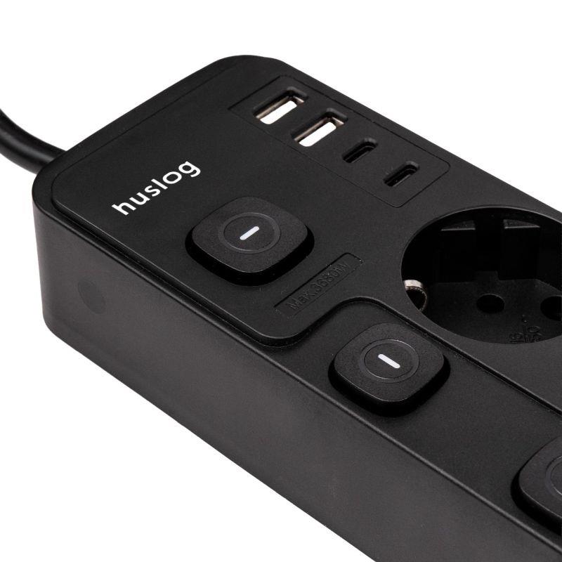 Nabíjacia stanica Huslog 15W 4xzásuvka, 2xUSB-C, 2xUSB, 5x vypínač čierna