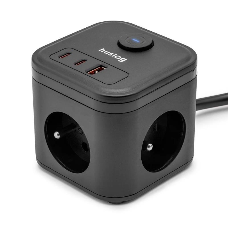 Nabíjacia stanica Huslog 20W 3xzásuvka, 2xUSB-C, 1xUSB čierna