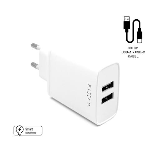 Nabíjacia súprava FIXED s výstupom 2xUSB a káblom USB/USB-C, 1 meter, 15W Smart Rapid Charge, biela
