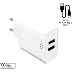Nabíjacia súprava FIXED s výstupom 2xUSB a káblom USB/USB-C, 1 meter, 15W Smart Rapid Charge, biela