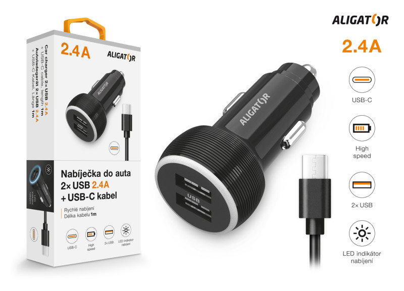 Nabíjačka do auta ALIGATOR s káblom USB-C a výstupom 2xUSB 2,4 A, čierna