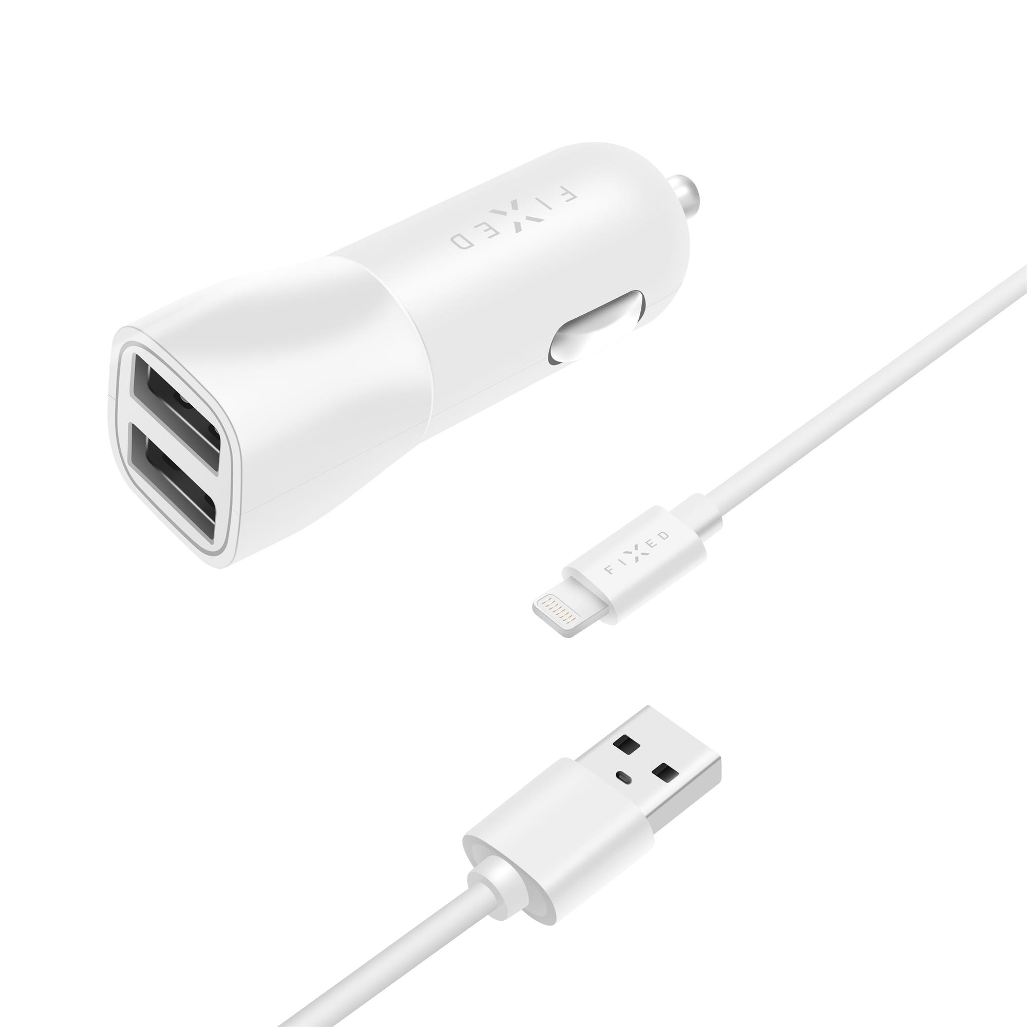 Nabíjačka do auta FIXED s výstupom 2xUSB a káblom USB/Lightning, 1 meter, certifikácia MFI, 15W Smart Rapid Charge, biela