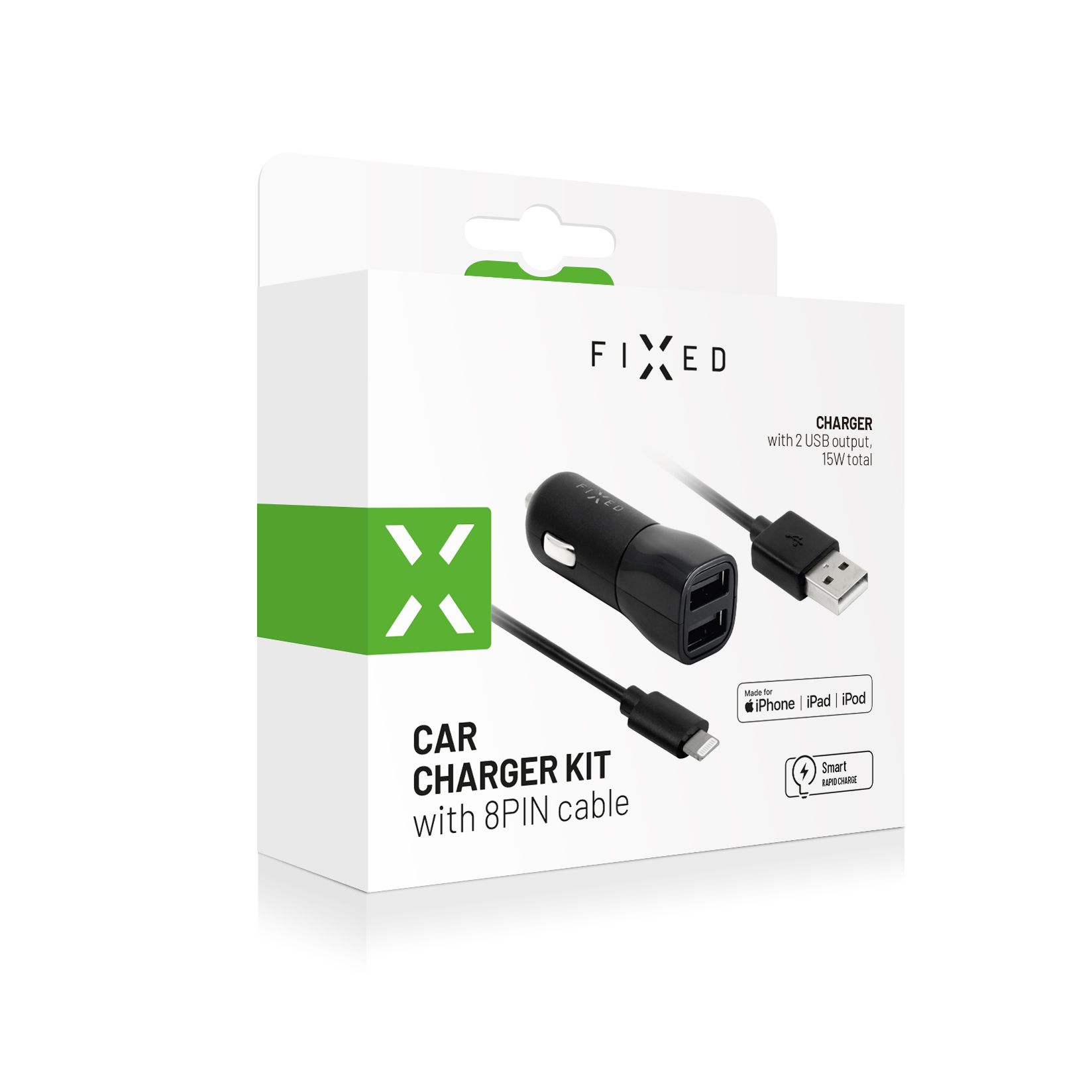 Nabíjačka do auta FIXED s výstupom 2xUSB a káblom USB/Lightning, 1 meter, certifikácia MFI, 15W Smart Rapid Charge, čierna